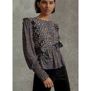 NWT Anthropologie Moira Ruffled Peplum Bl-nk Tali Smoked Leopard Top M Z391-18